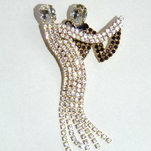 Vintage Ballroom Dancing Couple Rhinestone Metal Brooch Pin Silver Tone 3"